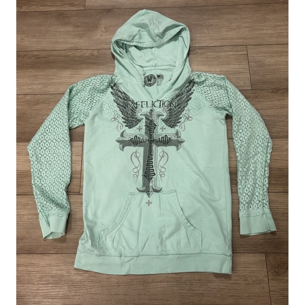 Affliction Hoodie Women Size XL Teal Green Made In The USA